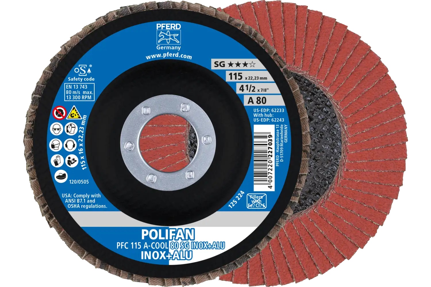 Picture of Pferd Flap Disc, 4-1/2" x 7/8, A-Cool SG Inox+ALU, 80 Grit, T29, Conical, Aluminum oxide
